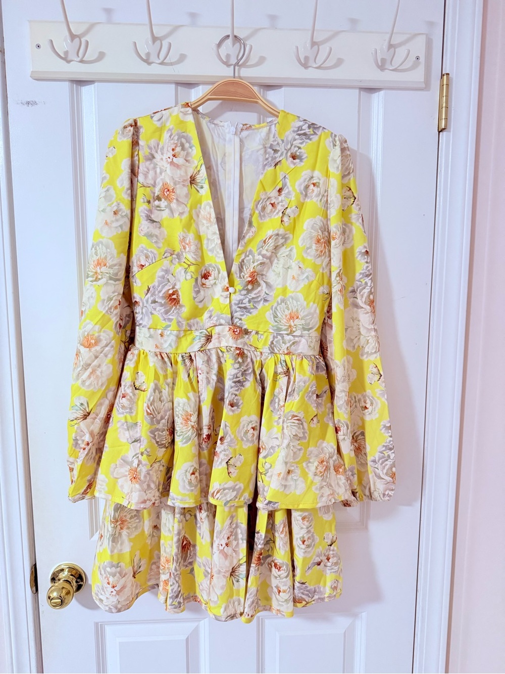 Yellow Floral Tiered Long-Sleeve V-Neck Dress